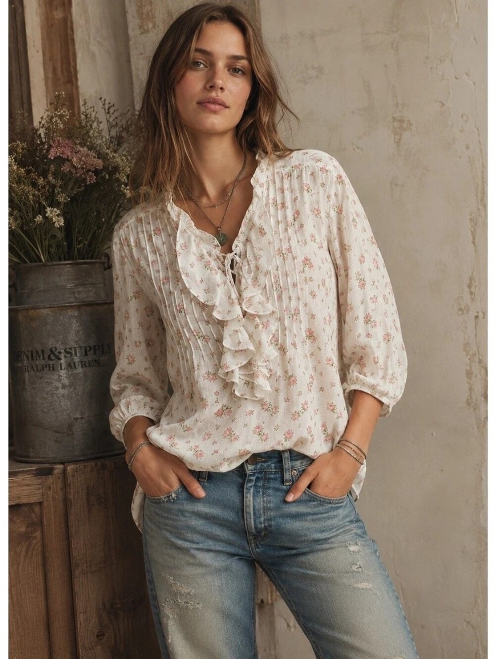 Ralph Lauren Denim & Supply  Cotton Gauze Ruffle Blouse Floral Blue Size Medium